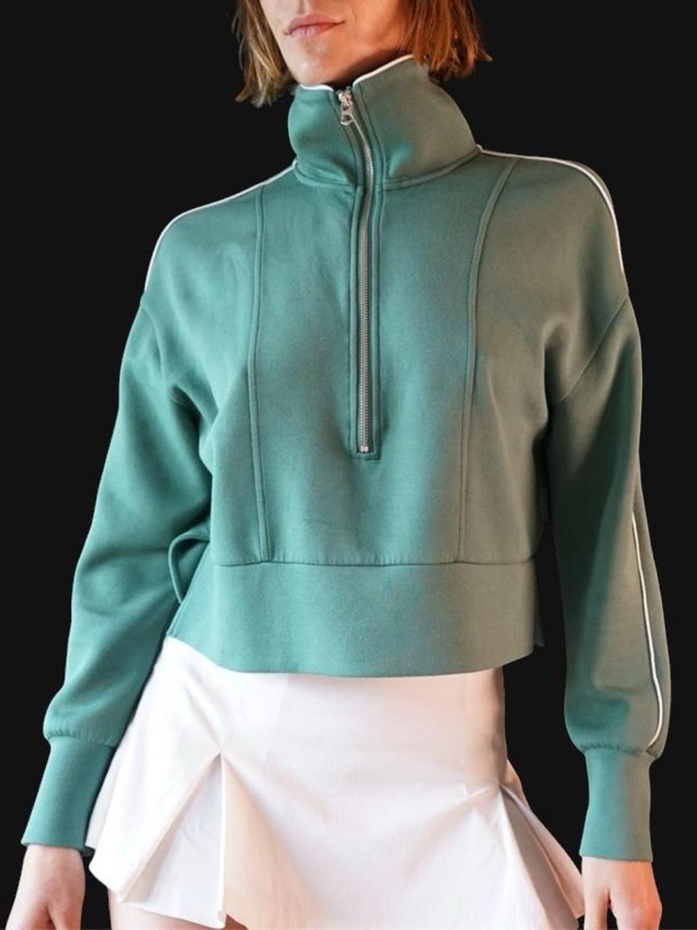 Varley DoubleSoft green quarter zip sweatshirt with white piping